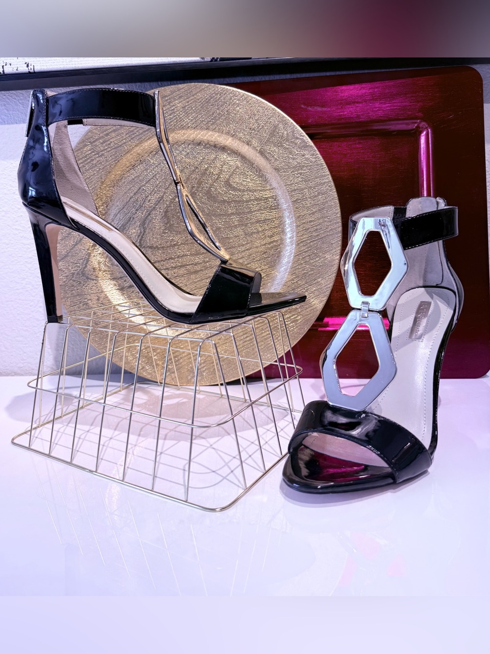 BCBG Black Patent High Heels Stiletto Sandals with Silver Accent BRAND NEW